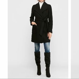 Long Belted Wool-Blend Wrap Coat express